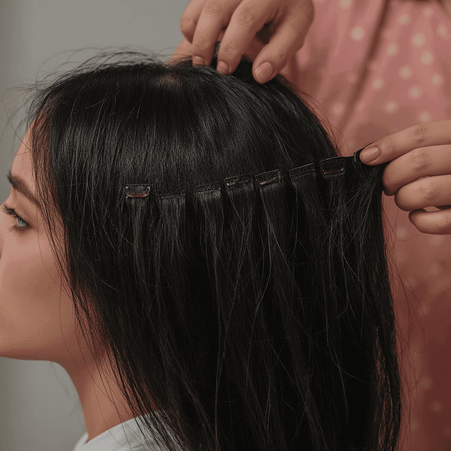 Hair extensions being clipped into a woman's natural hair.